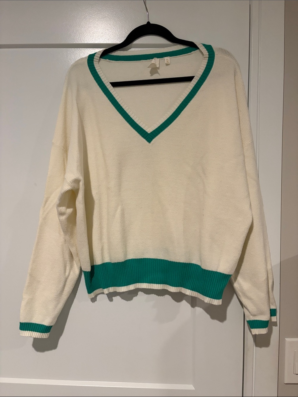 Cyrus Cream V-Neck Sweater with Teal Trim